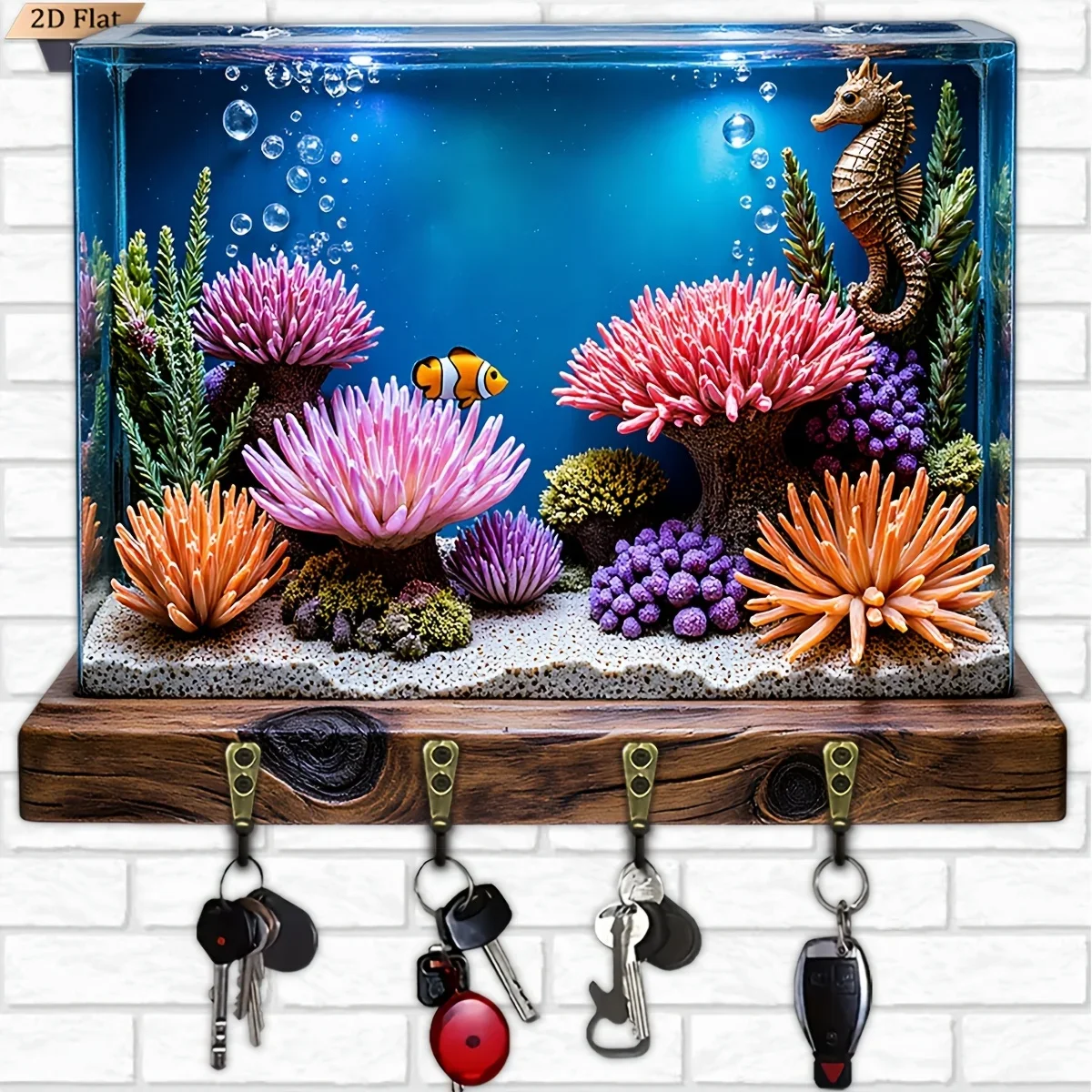 2D Flat, 1pc, Underwater Coral Seahorse Key Hook Wooden Multifunctional Home Key Rack with Four Metal Hooks, Wall Decoration,
