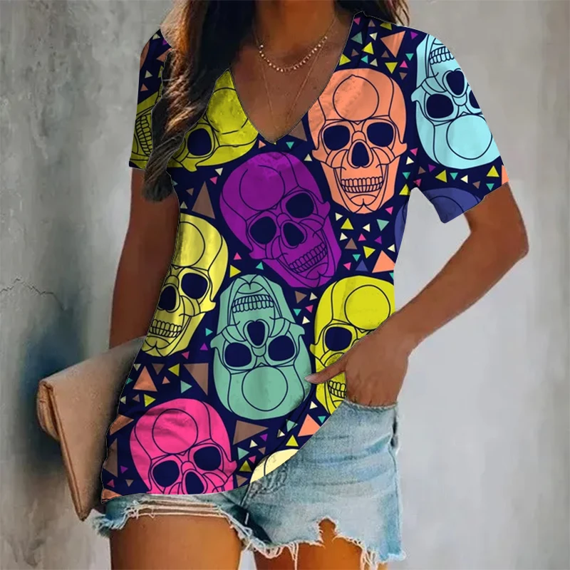 Skull Pattern 3D Print T-Shirts Women Summer Casual V-Neck Short Sleeve T Shirt Y2k Top Harajuku Oversized Tees Woman Clothing