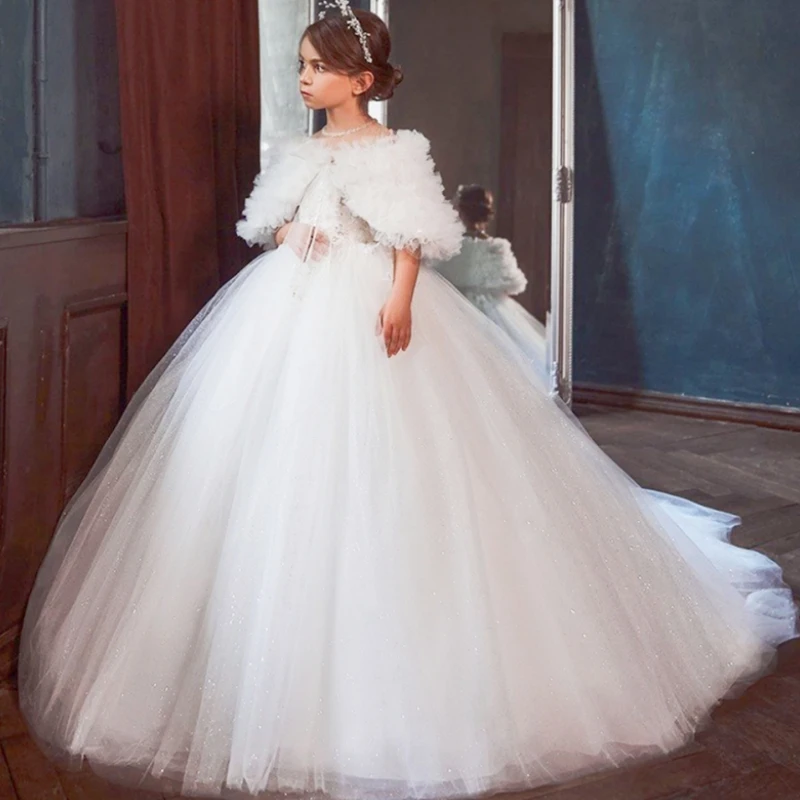 Sparkling Flower Girls White Lace Girls Dresses Floor Length First Communion Dress Princess Elegant Banquet Dresses