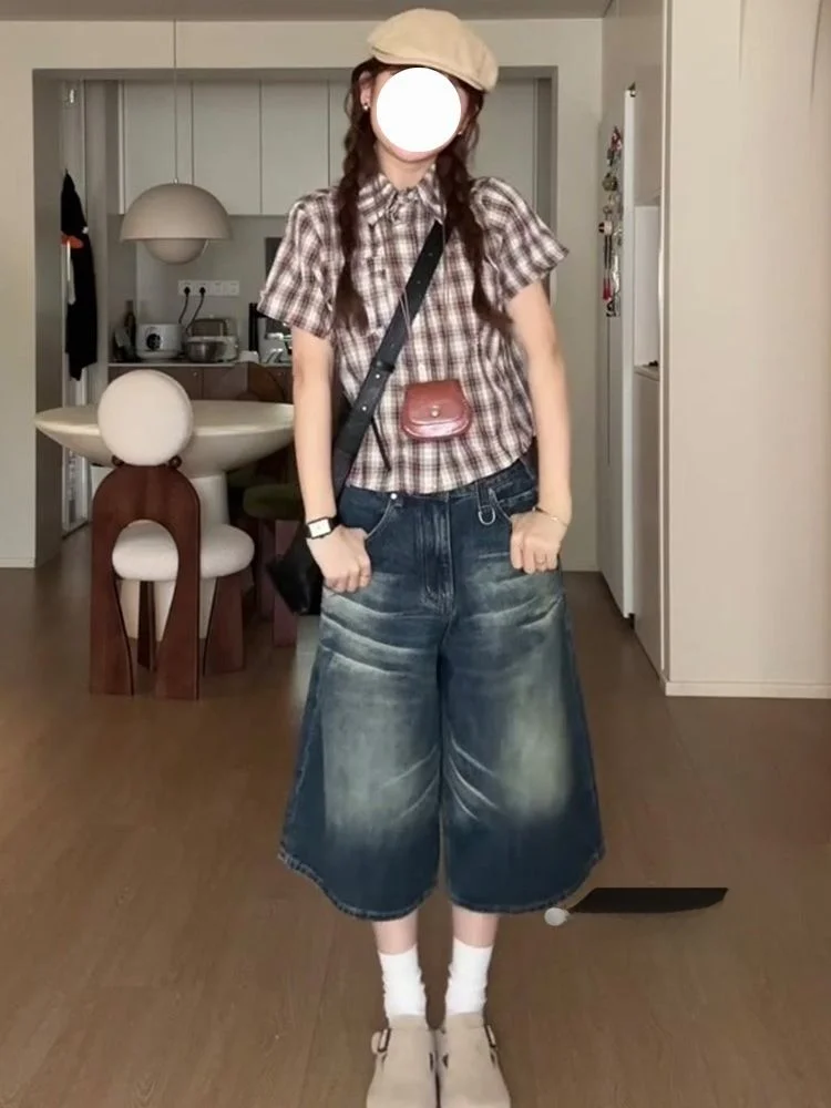 

Retro Waed American High Street Sle Women's Denim orts Summer New Loose Wide Leg Pants High Waist Pure Color Jeans