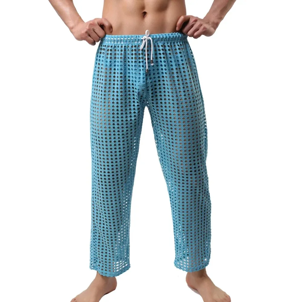 Casual Sleep Bottoms Sexy Fishnet Mesh Trousers Men's Drawstring Leggings See Through Loose Long Pants Hollow Out Sport Pajamas