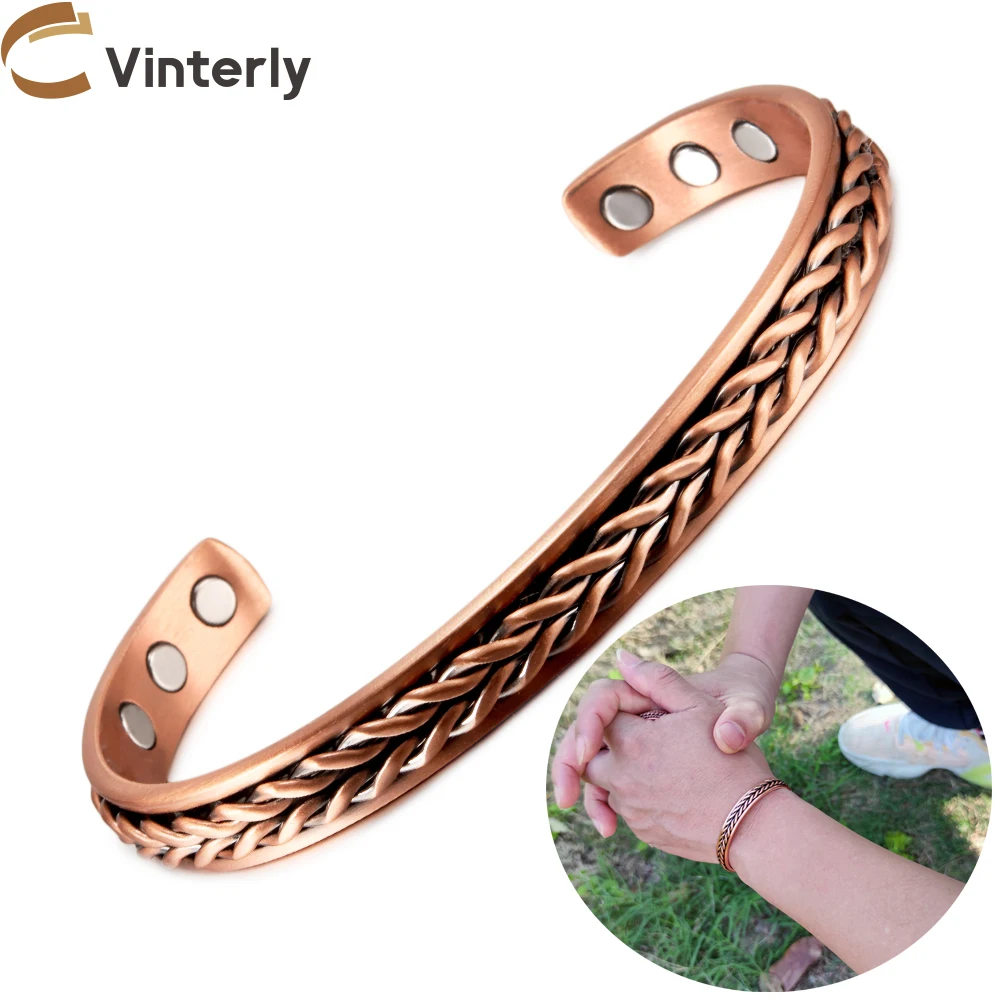 Vinterly Pure Copper Bracelets Men Magnetic 8.5mm Vintage Adjustable Health Energy High Magnets Cuff Bangles Resizable Jewelry