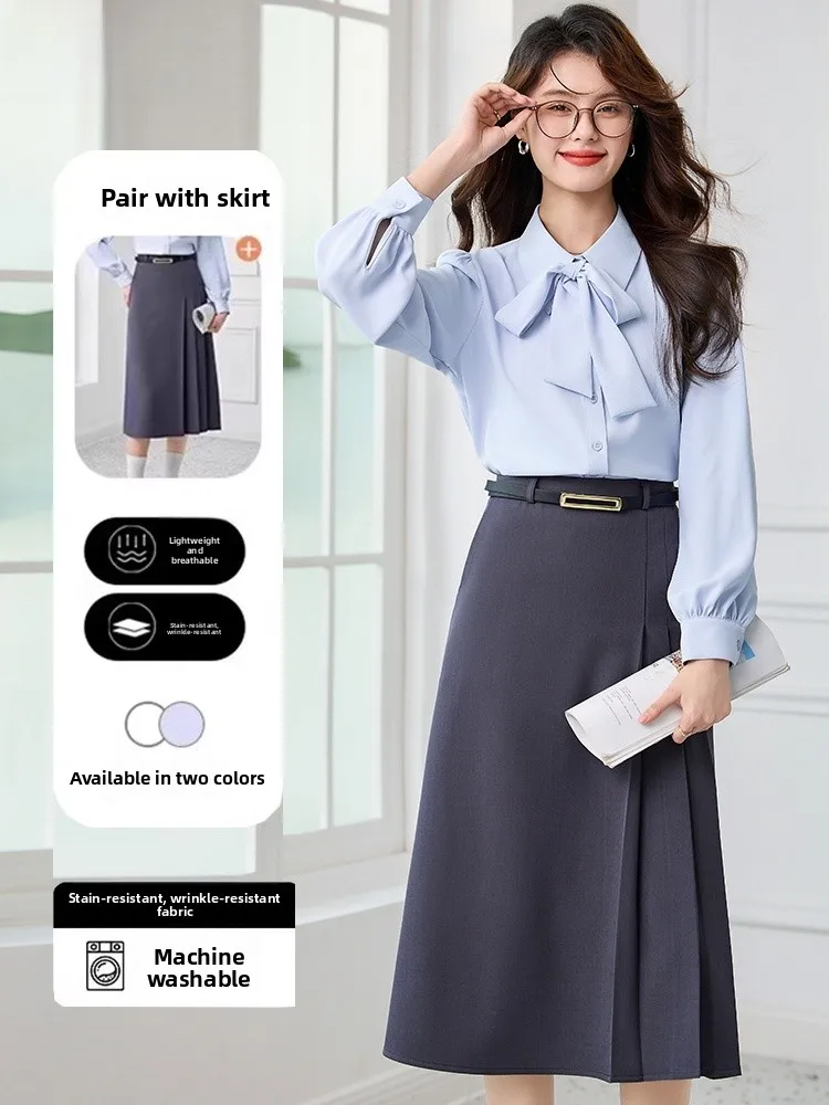 

Blue Professional Long Sleeve Shirt Women's Career Interview Outfit Slim Fit Teacher Office Light Work Environment High End F...