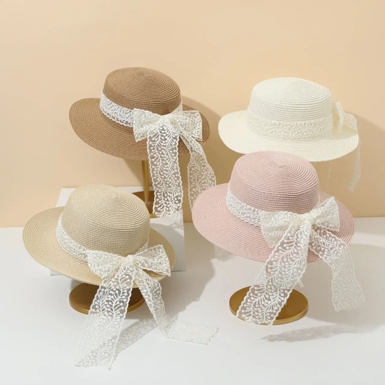 New Straw Hat Women's Flat Top Big Brim Lace Bow Ribbon Elegant Travel Seaside Casual Sun-proof Sun Hat