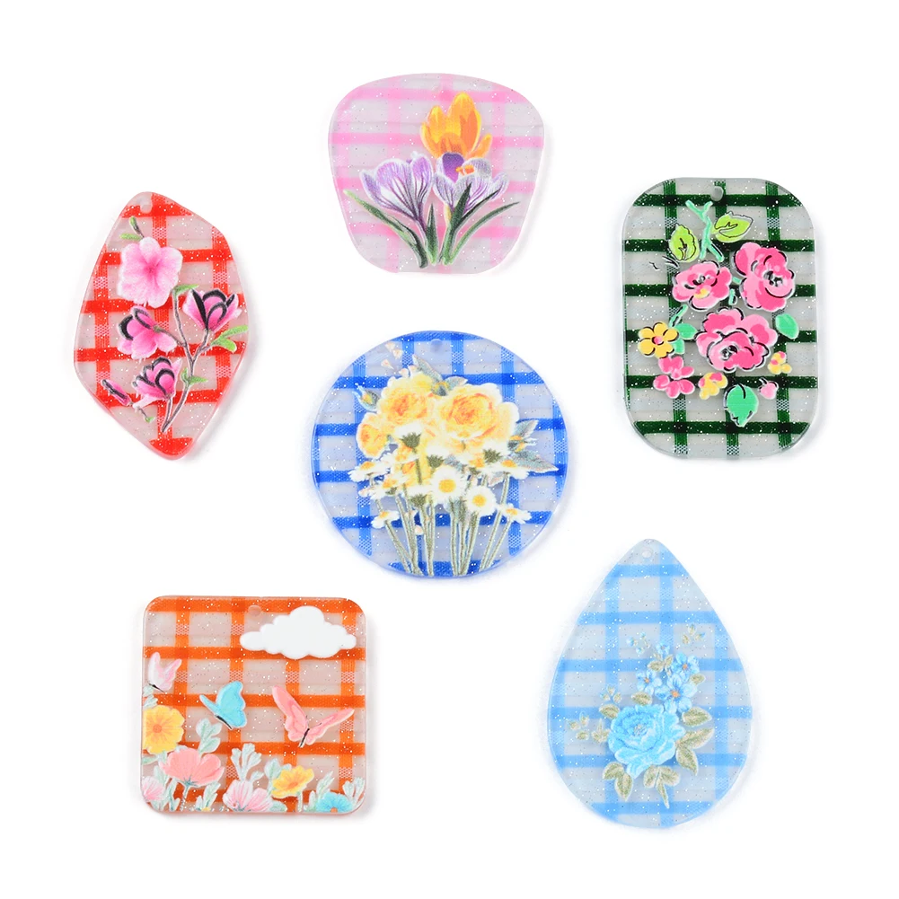 Colorful Beautiful Flower Painting Flat Acrylic Pendants Plate Jewelry Accessories Handmades Fashion For DIY Earrings 10pcs