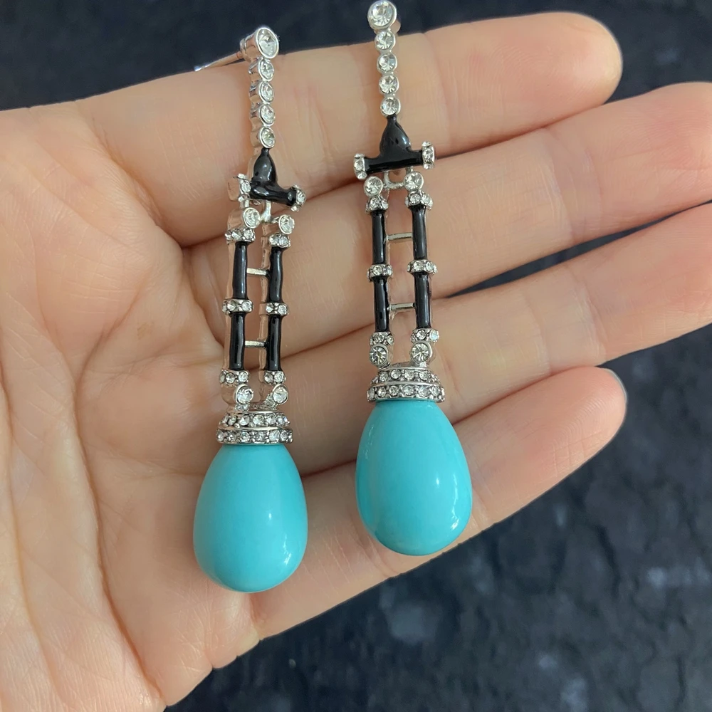 Novo produto original elegante premium gota de água azul turquesa preto esmalte elegante longo vintage brincos femininos