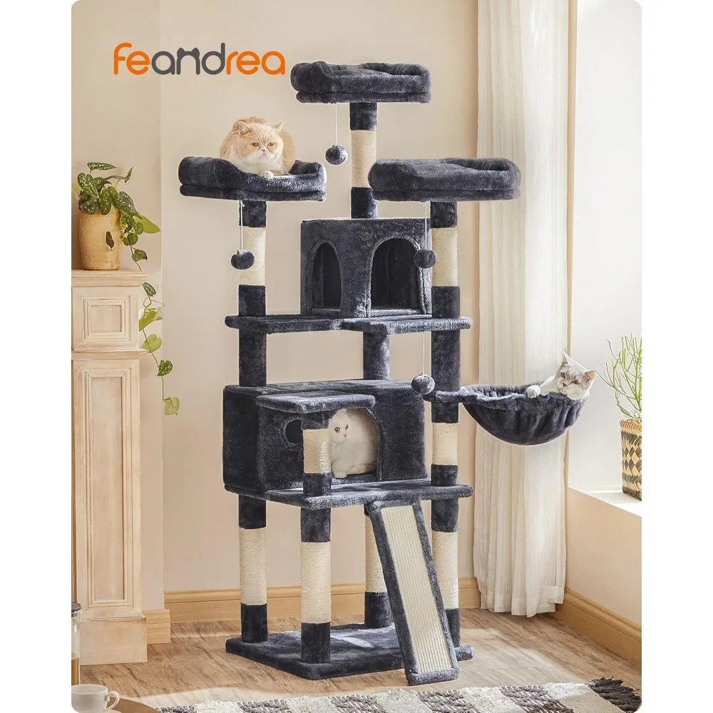 

Cat Tree, Large Cat Tower, Cat Condo with Scratching Posts, Board,2 Caves,3 Plush Perches,Activity Center 66.5 Inches Smoky Gray