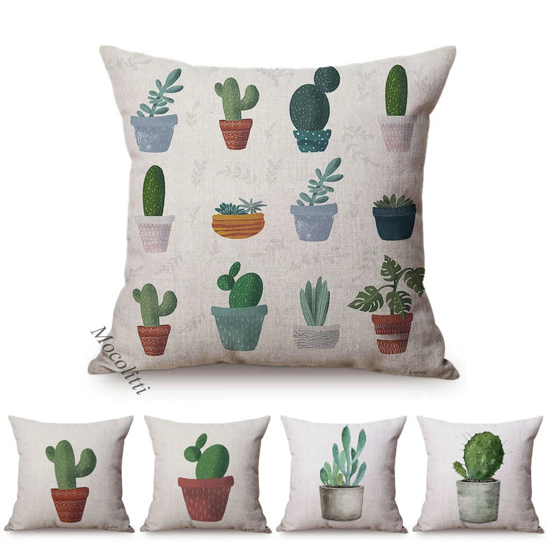 Greens Succulents Cactus Thorns Small Bonsai Design Sofa Decoration Cushion Cover Cotton Linen Office Throw Pillow Case