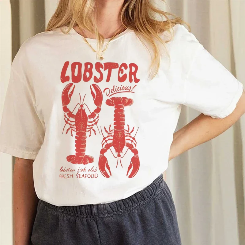 

Women's Fashion Round Neck T-Shirt Printed Cartoon Lobster Pattern Beach Top Casual Style Popular Women's Summer Printed T-Shirt