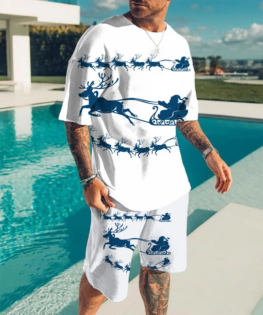 2022 Men's Outfit Summer Short Sleeve T Shirt Outfit Fashion 2 Piece Streetwear Santa 3D Printed Beach Shorts Sportswear Men's