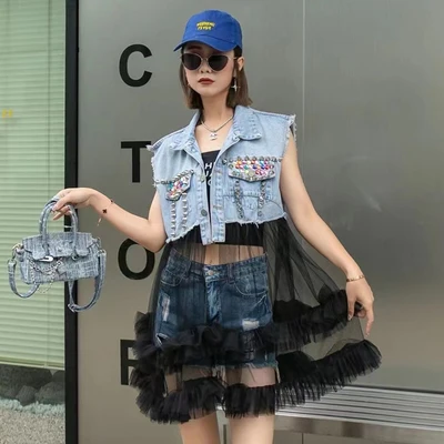 Vefadisa 2024 Spring Summer Lapel Sleeveless Denim Vest Coat Loose Mesh Splicing Colour Diamonds Irregular Coat Women LHX3315