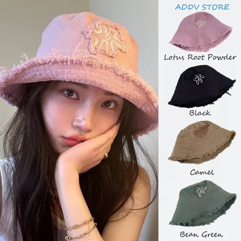 INS Summer New Pink Rough-edged Fisherman Hat Woman Flower Embroidery Korean Design Lotus Pink Fisherman Hat