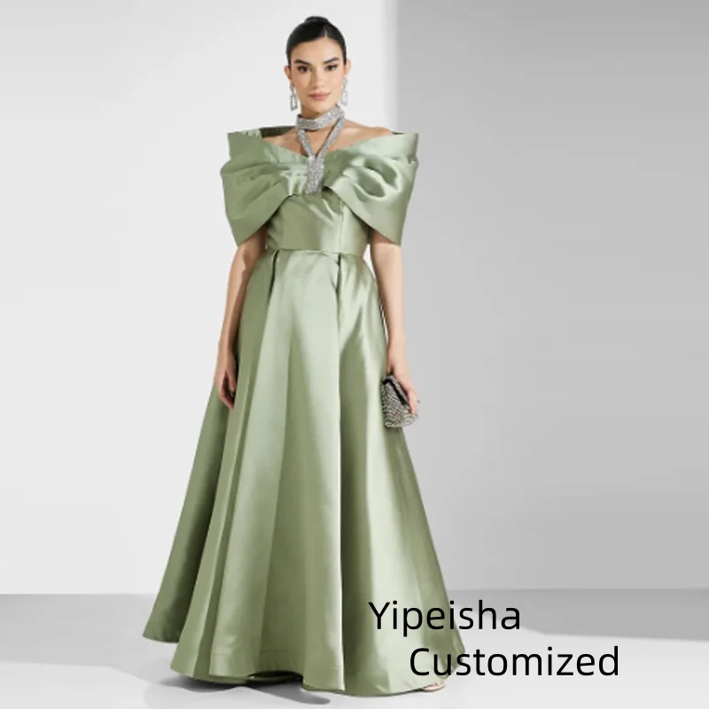 

Customized Classic Evening Gown Bow Off Shoulder A-Line Beads Prom Gowns Floor Length Satin Special Occasion Party Dress