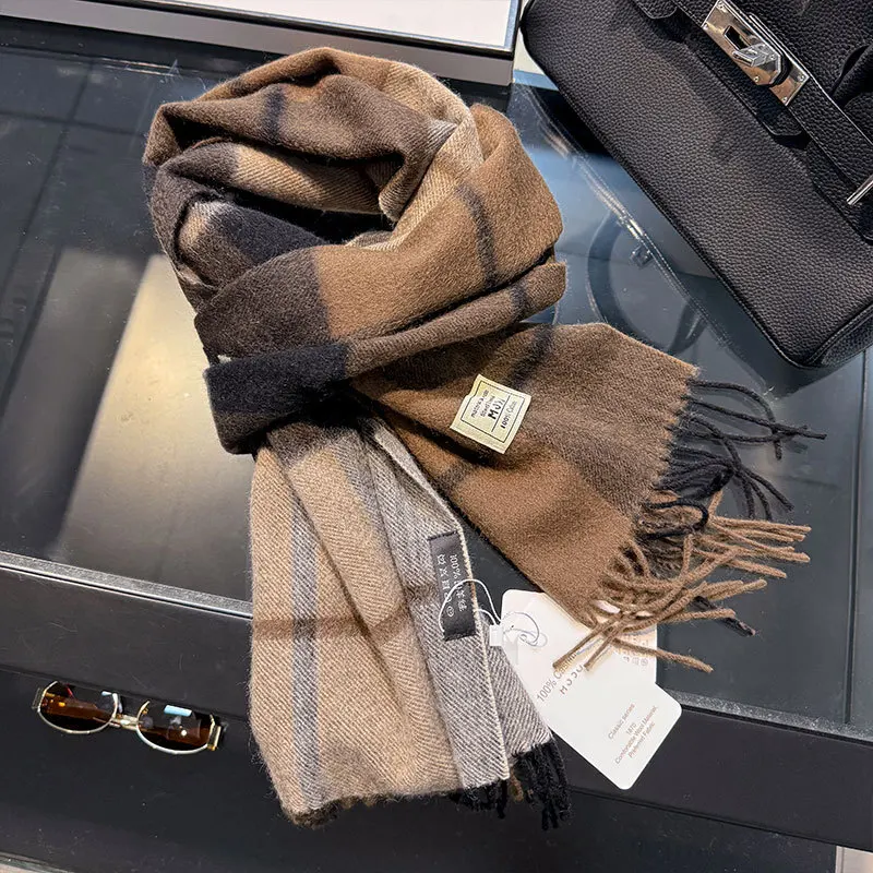 2026 100% Pure Wool Scarf Women Plaid Checked Winter Warm Thick Knitted Shawl Wrap Soft Cozy Long Pashmina Neckerchief Scarves