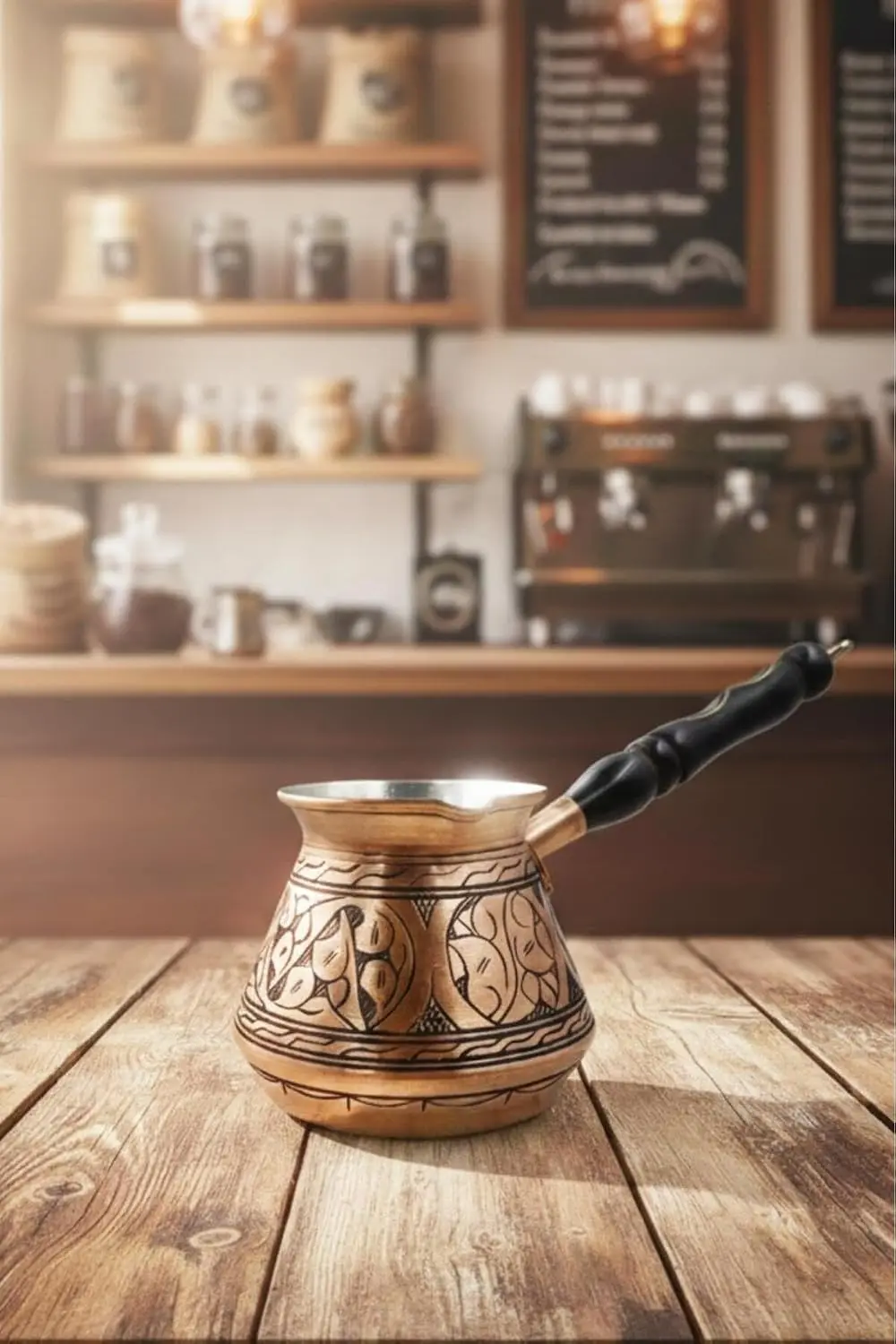 Copper Turkish Coffee Pot (Cezve) 6-7 Cup Size, Hand-Hammered with Engraved Design, 580 ml Capacity, 0.05 in Thick, 350g, Tradit