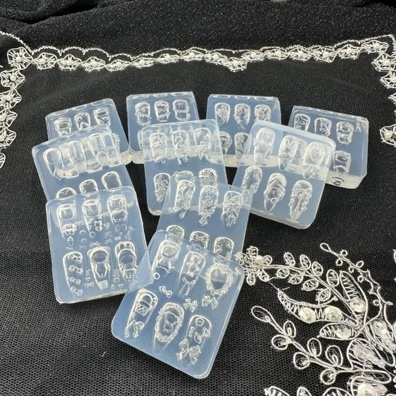 1개 레이스 리본 딸기 3D 실리콘 몰드 DIY 네일 아트 장식 만화 토끼 꽃 투명 몰드 매니큐어 디자인 도구