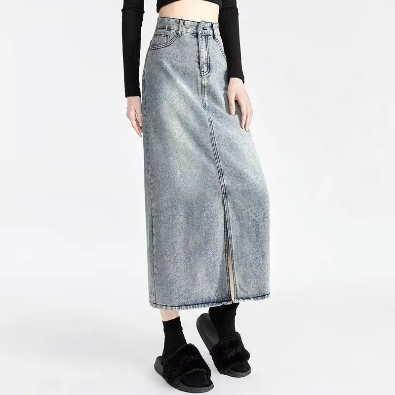 Korean Style Denim Skirt Women's Retro Blue High Waist Long A-line Skirt Design Sense Niche Long Skirt