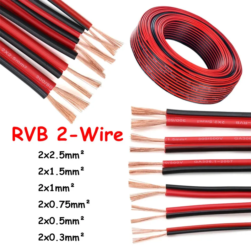 

RVB 2-Wire Electric Cable Strand 0.3/0.5/0.75/1/1.5/2.5mm2 Electric Cable Vehicle Line Car Cable Flat Twin Red/Black 1M~100M