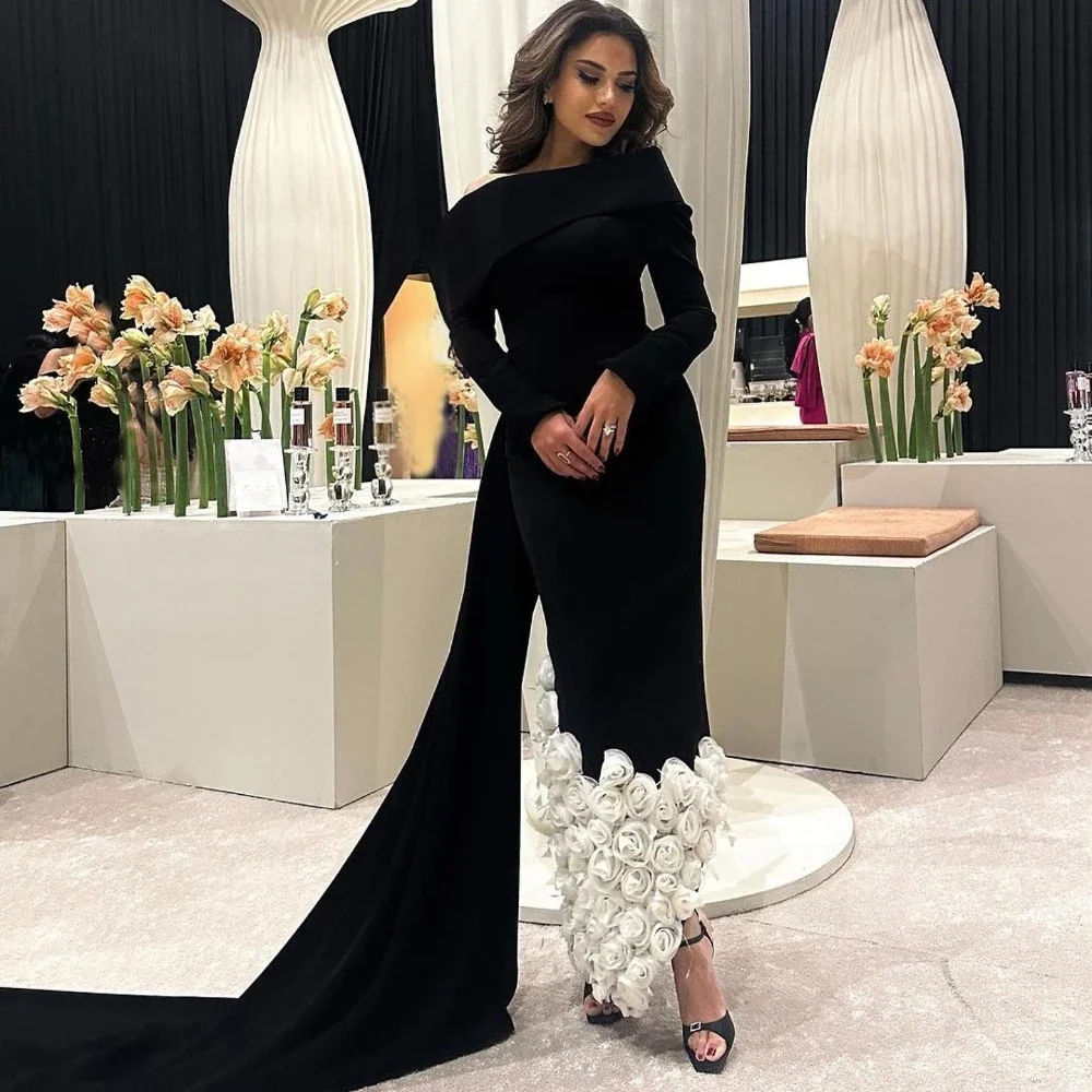 Elegant Fashion Prom Dress Floor Length Off  Shoulder Evening Dress White 3D Flower Satin Saudi Arabia Wedding Party Dress gala