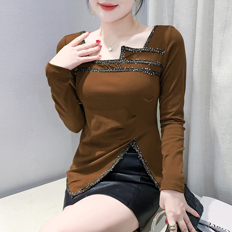 Asymmetrisches langes Sve-T-Shirt für Damen, Basisschicht, irt gefaltetes Design, Sensation, Herbst-Winter, neue Sle, koreanische Version, schmale Passform