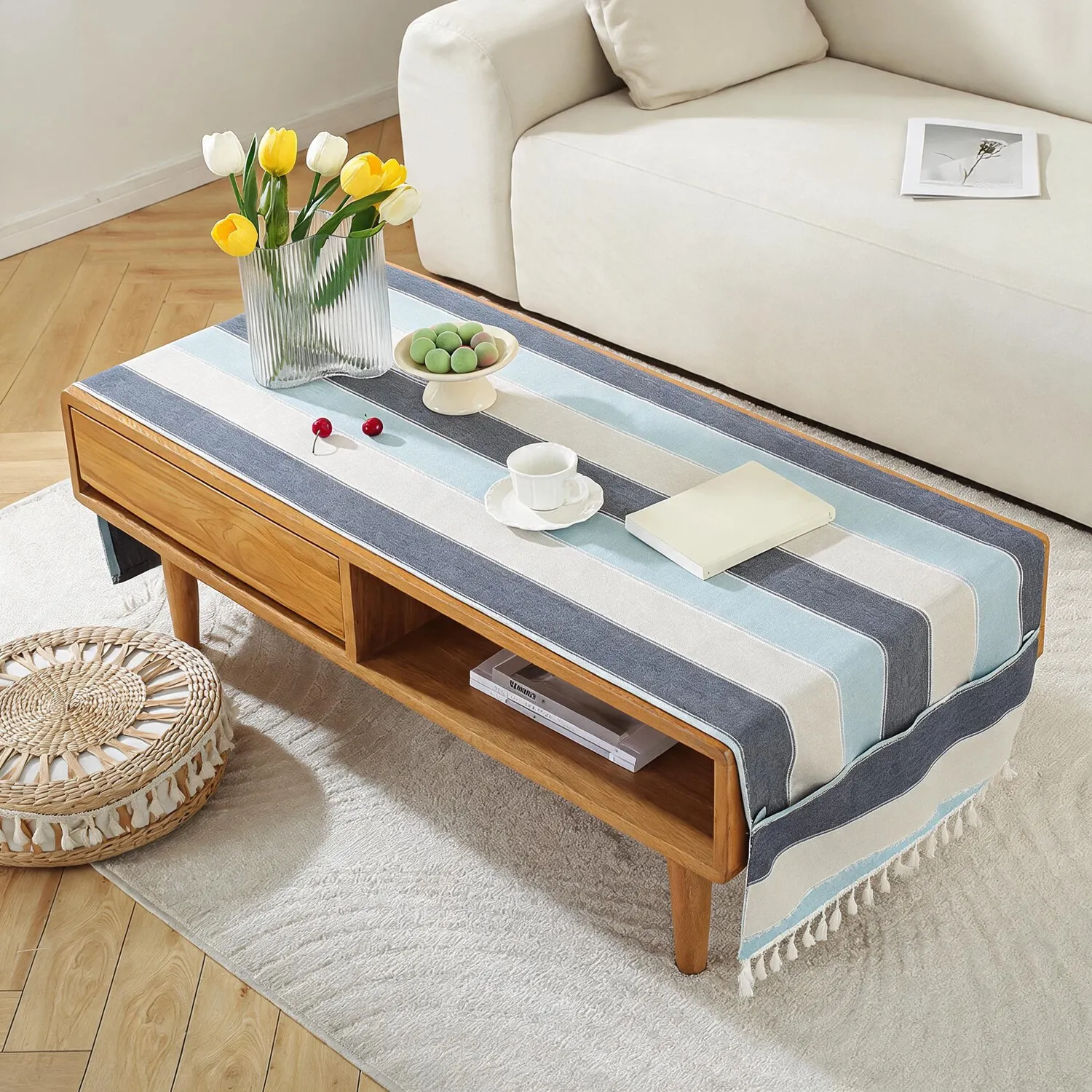 Coffee Table Cover, Rustic Farmhouse Rectangle Table Cloth Cotton Linen Washable with Pockets and Tassel for Living Room Decor
