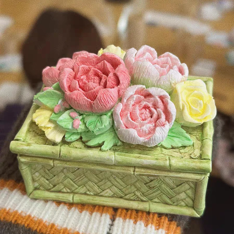 

New Silicone Mold Flower Storage Box Design Peony Flower Square Gift Box Mold DIY Plaster Mould