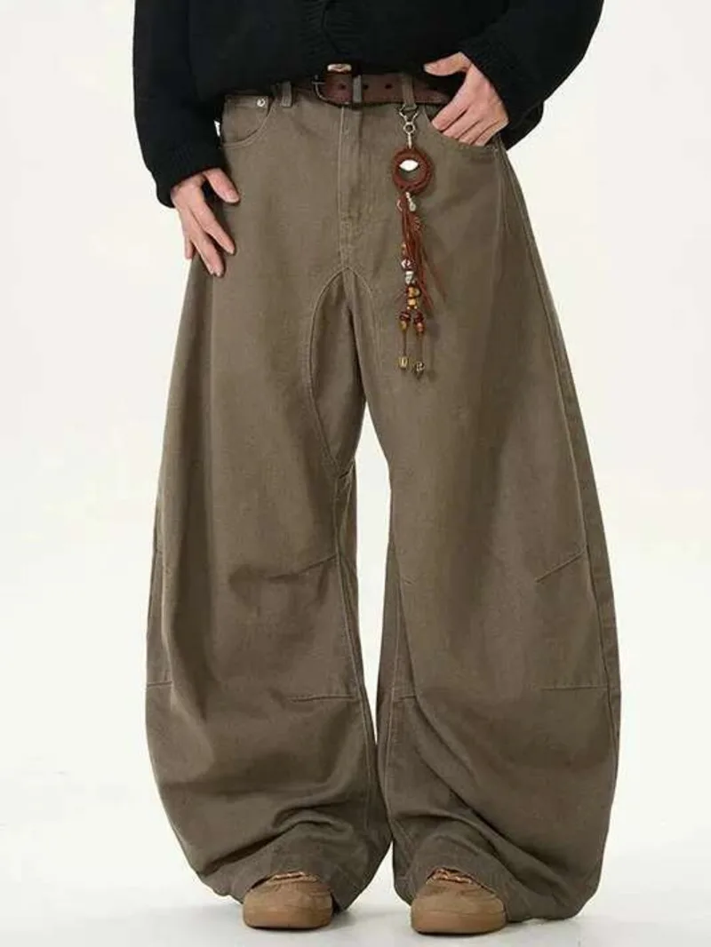 American Style Men's Jeans Solid Color Silhouette Machete Pants Casual Straight Baggy Wide Leg Male Denim Pants New 9EYKA