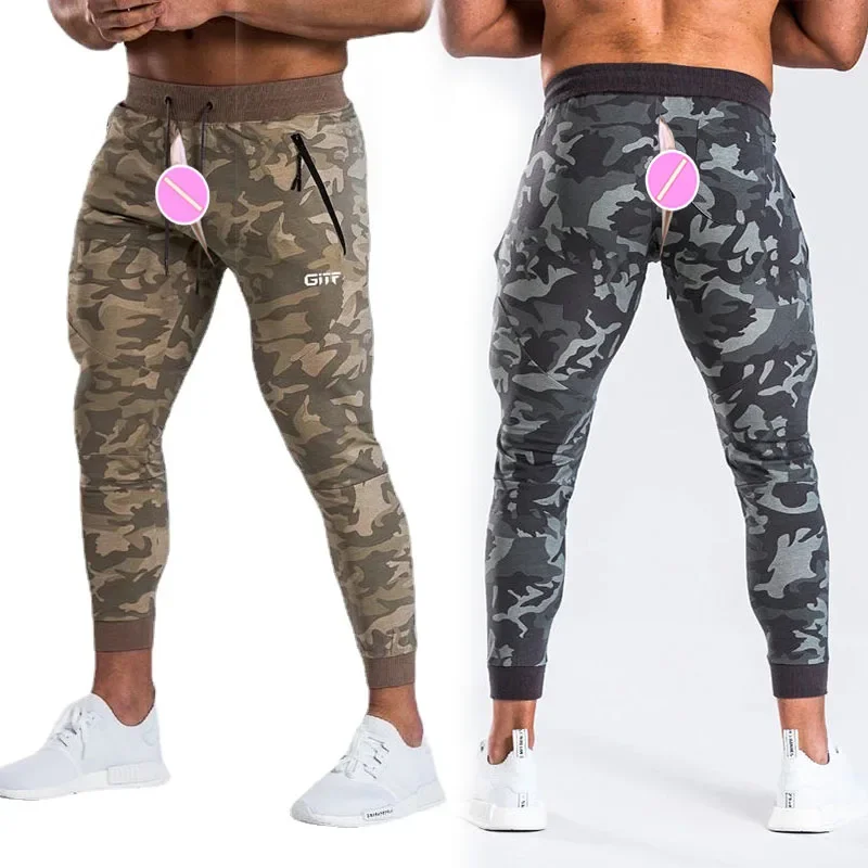 Open Crotch Outdoor Sex Pants Men Fitness Trousers Camouflage Joggers Sweatpants Male Gym Casual Streetwear Mens Exotic Hotpants