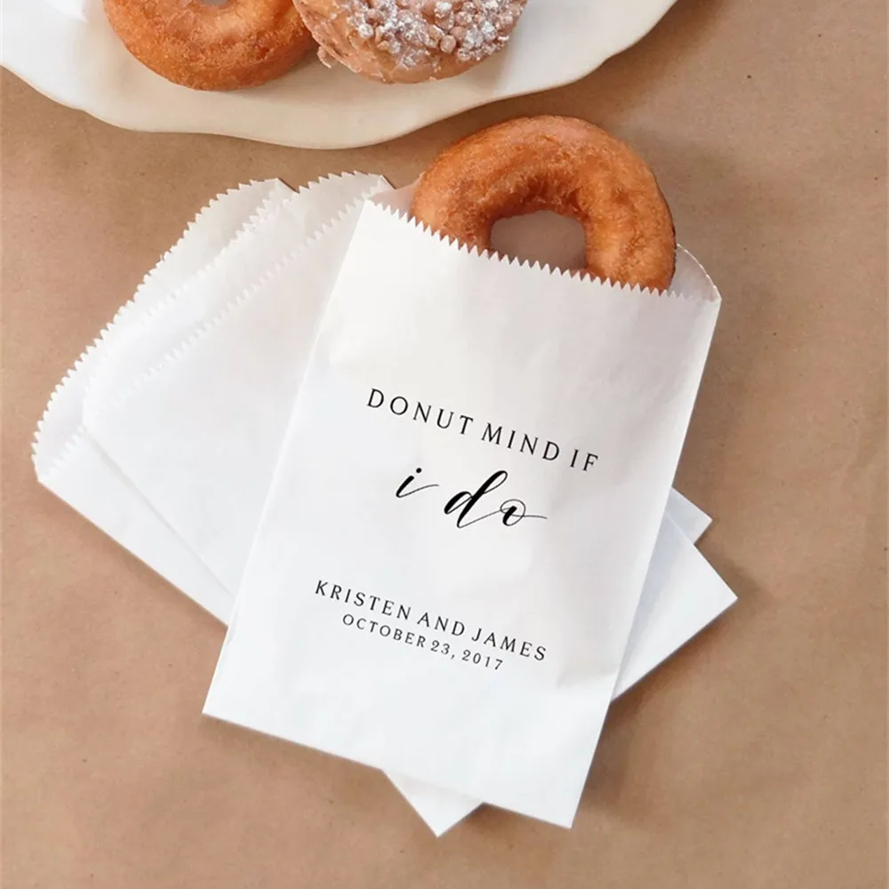 50pcs Donut Favor Bags, Doughnut Sacks, Wedding Dessert Table, Bridal Shower, Donut Mind If I Do - Personalized - Lined, Grease