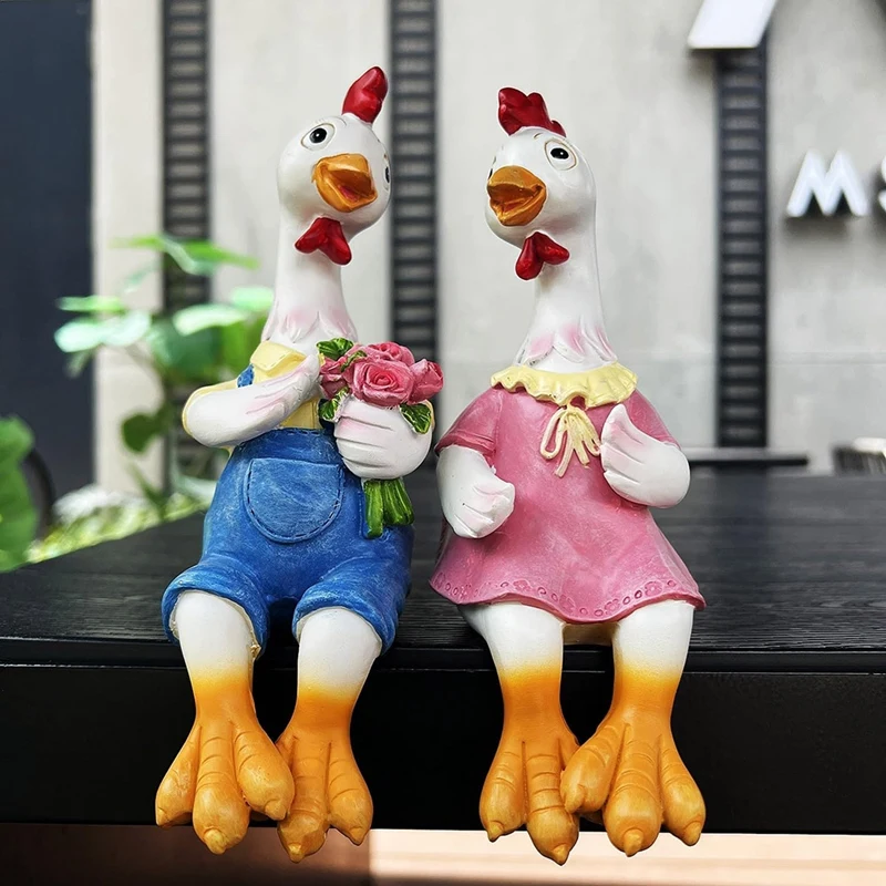 

Couple Duck Garden Statues Cartoon Resin Cute Sitting Chicken Sculpture Goose Lovers Figurine Gift Decoration For Home