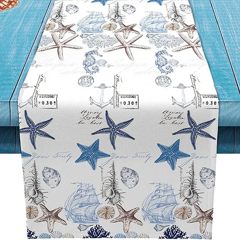 VIKAMA Summer Coastal Table Runner Vintage Nautical Starfish Seashell Linen Table Cover For Farmhouse Dining Kitchen Decor