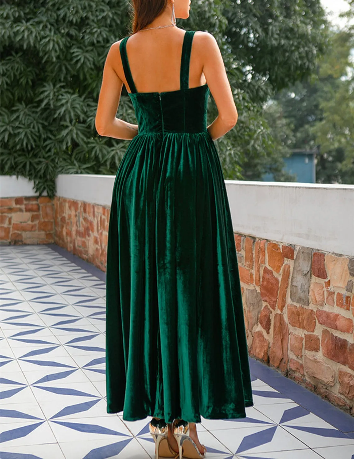 Elegante vestido De noche verde, sin mangas, con tirantes finos, De terciopelo, Formal, para fiesta, 2023