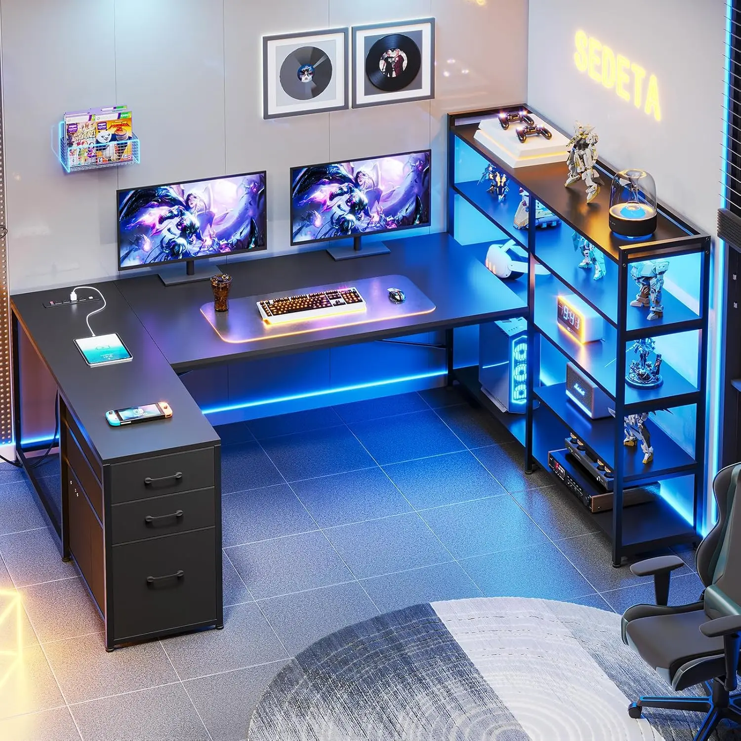 L Shaped Gaming Desk, Reversible U Shaped Computer Desk with Power Outlet and Storage Shelves, Corner Gaming Desk with LE