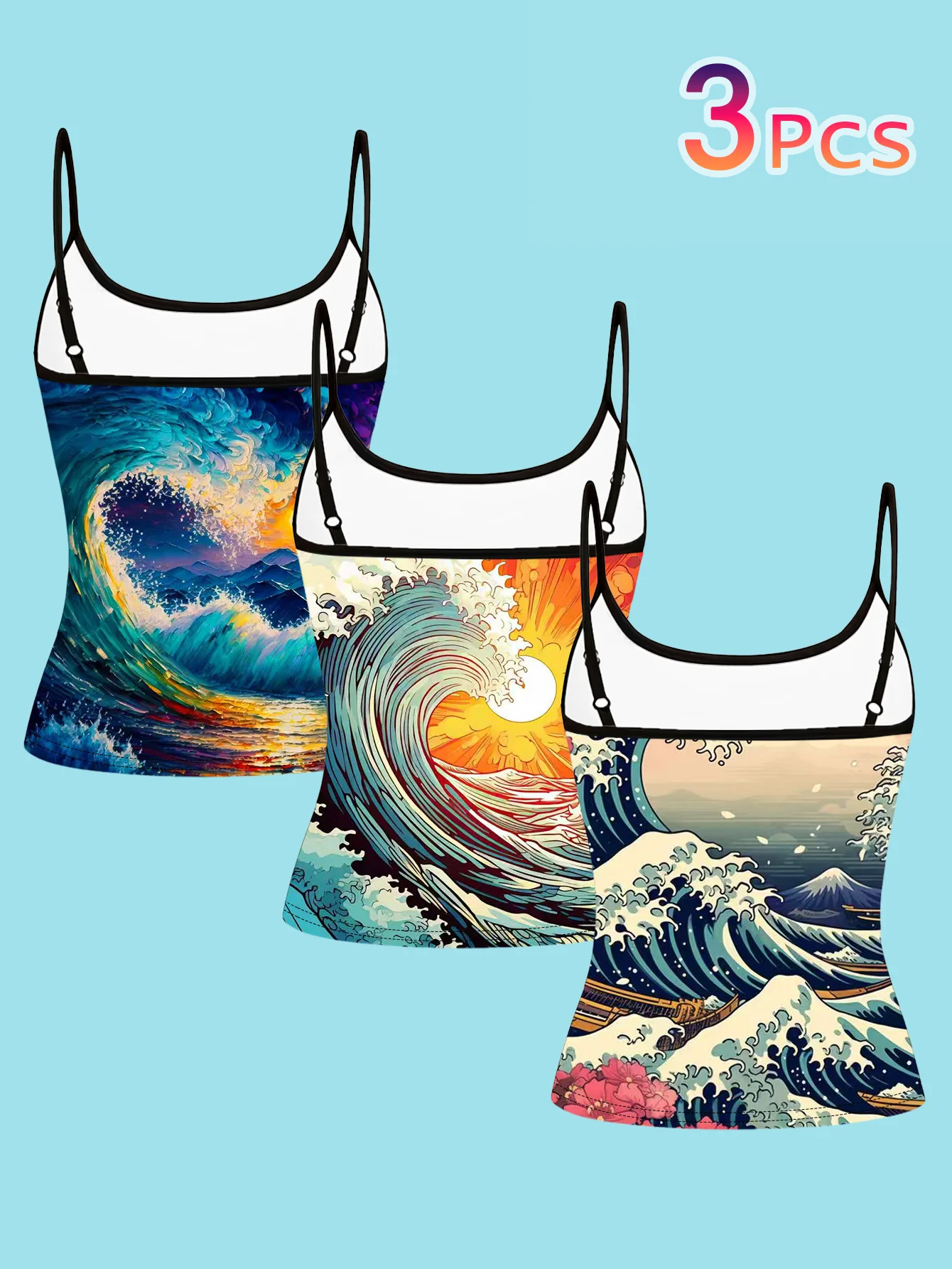 3-Piece Set of Women's Summer Thin Camisoles with Japanese Kanagawa Wave Ukiyo-E Print, Slim Fit, Can Be Worn as an Inner Layer or Outerwear