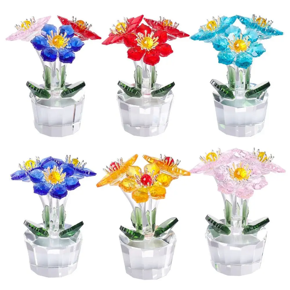 Handcraft Crystal Flower Statue Ornament Clear Base Mini Glass Flower Sculpture Shiny Reflect Tabletop Plants Suncatcher