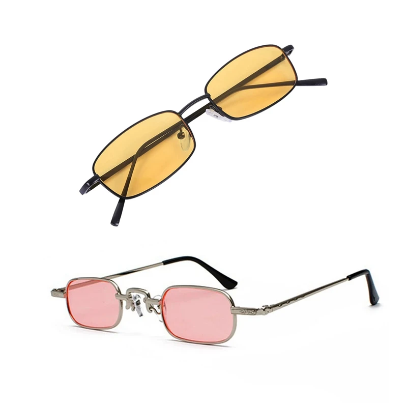 Women Men Rectangle Sunglasses S8004 Black Frame Yellow & Clear Square Sunglasses Female Men Metal Frame-Pink & Silver