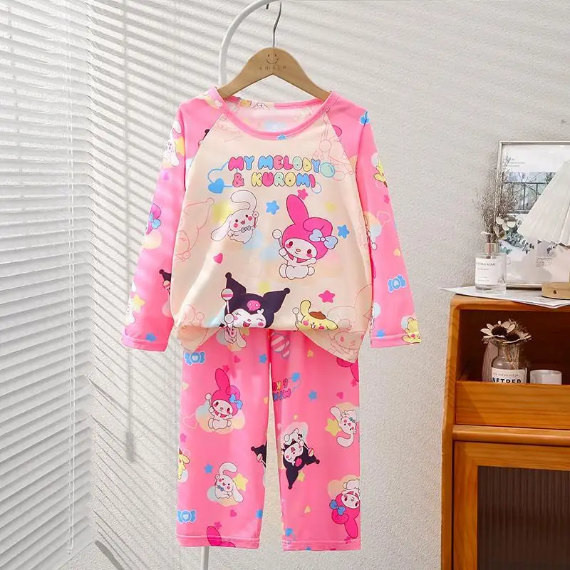

Sanrio Children Long Sleeve 2Pcs Kuromi New Style Trousers Girls My Melody Girls Cartoon Pajamas Versatile Print Anime Thin Set