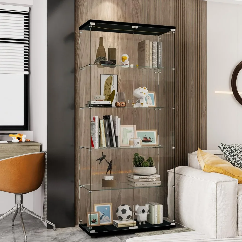 5 Tier Glass Display Cabinet with Door Lock,Clear Cabinets Case Collection Display Black Extra Large 74 inch Tall Floor Standing