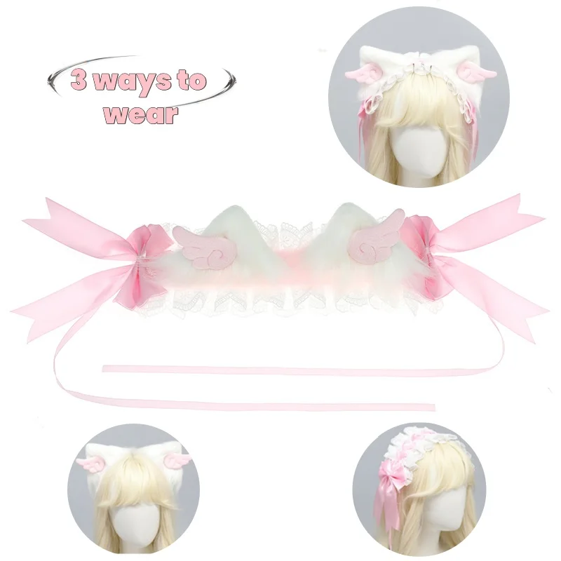 Handmade Candy Angel Cat Ear Hair Clip Maid Ribbon Bow Headband Cosplay Costume Cute Girl Hair Lolita Multi-use Clip