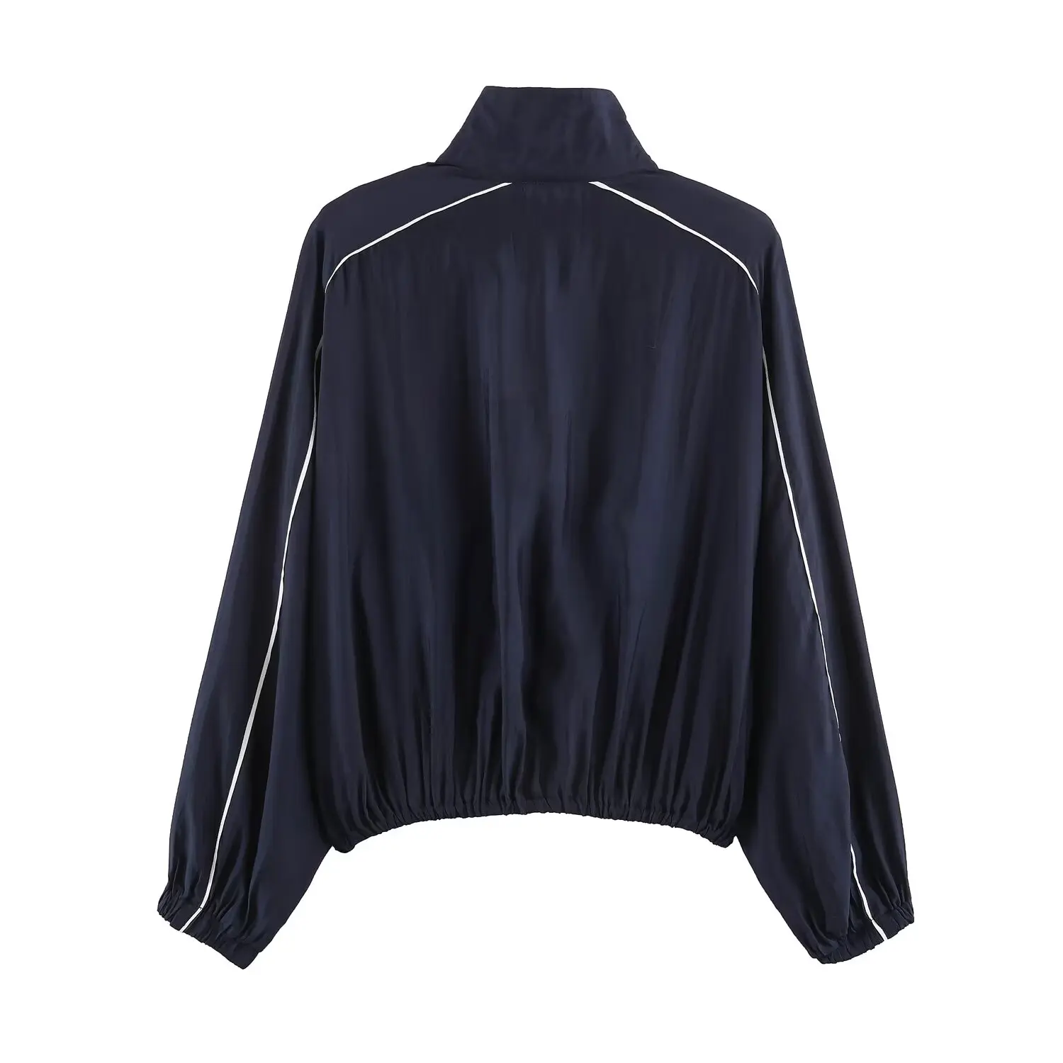 BSAY New Minimalist Versatile Navy Women Zip Up Cropped Wind Jacket Stand Neck Contrast Piping Elastic Hem Loose Sport Outerwear