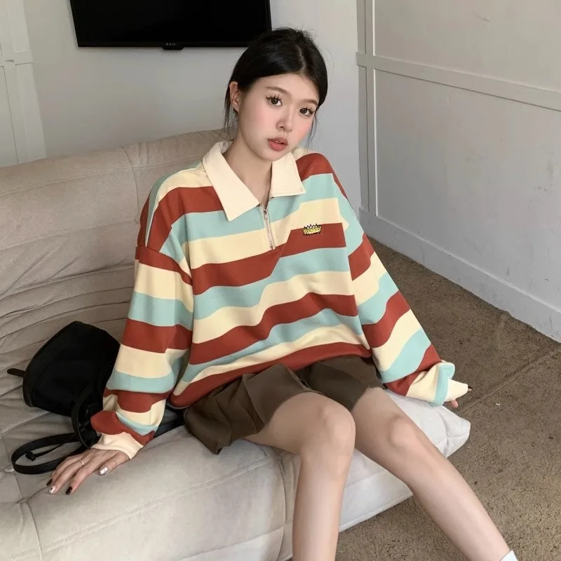 Neploe Retro Sweet Rainbow Striped Sweatshirts Mujer E-Girl Lapel Neck Zipper Tops Women Y2k All-match Long Sleeve Sweatshirt