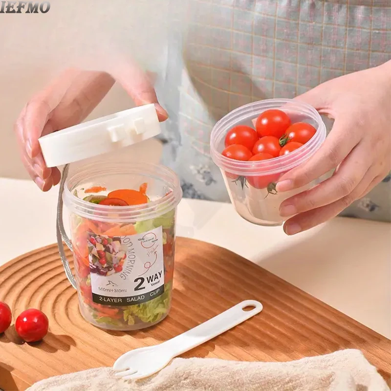 Portable Salad Shaker Cup with Fork 2-Layer Breakfast Food Container for Fruits Vegetables,Fitness Lunch Box for Gym Office Diet