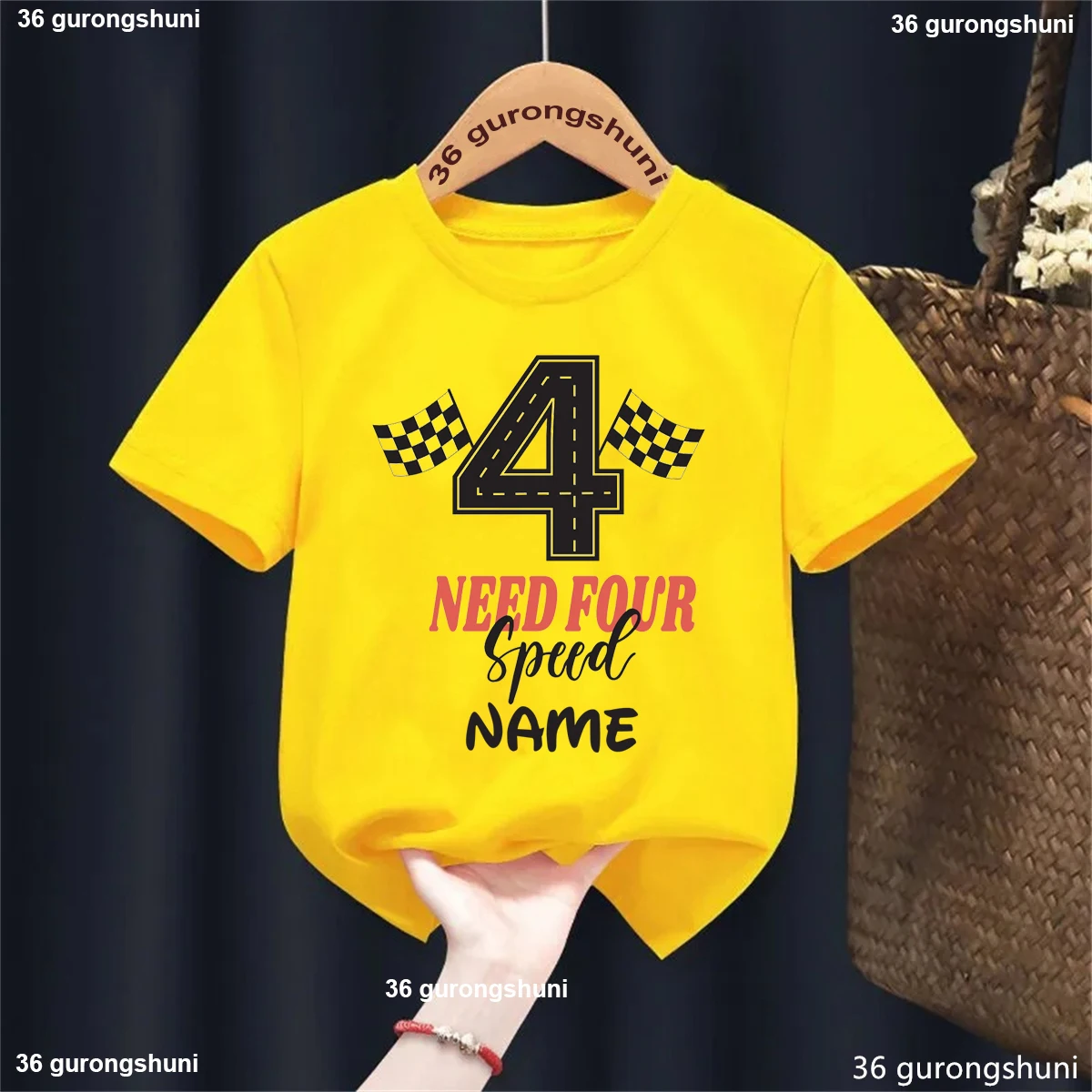 

Custom Name Need Four Fast Racing Flags Printed T Shirt Girls Boys 4th Birthday Gift For Boys Kids Clothes Short Sleeve Shirt
