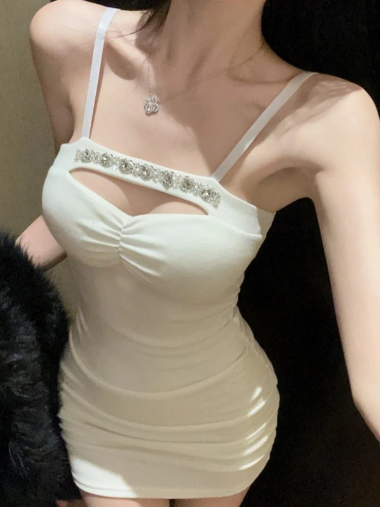 Foamlina Women's Spaghetti Strap Dress with Crystal Detail Cut Out Sleeveless Backless Slim Bodycon Summer Night Out Mini Dress