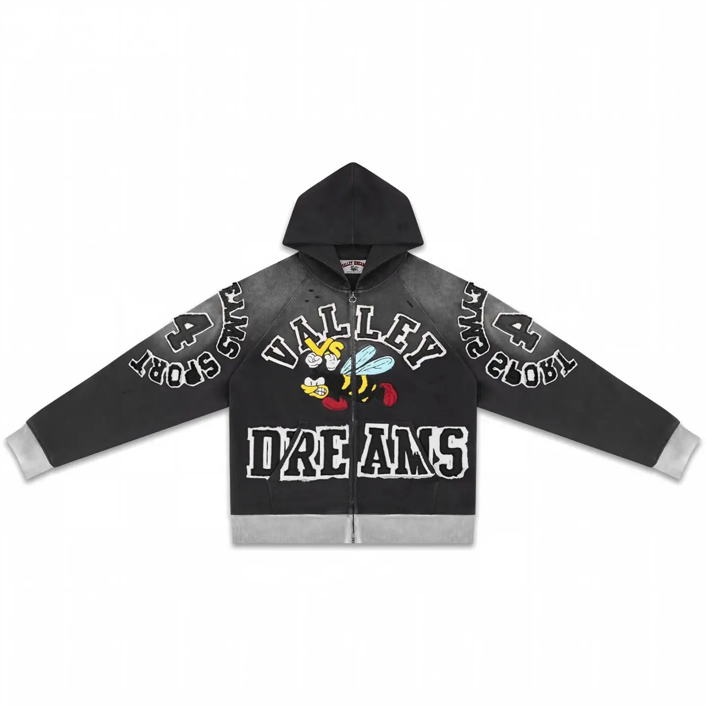 VALE FOREVER VALLEY Vintage Skull Print American High Street Casual Washed Hooded Zip Up Jacket