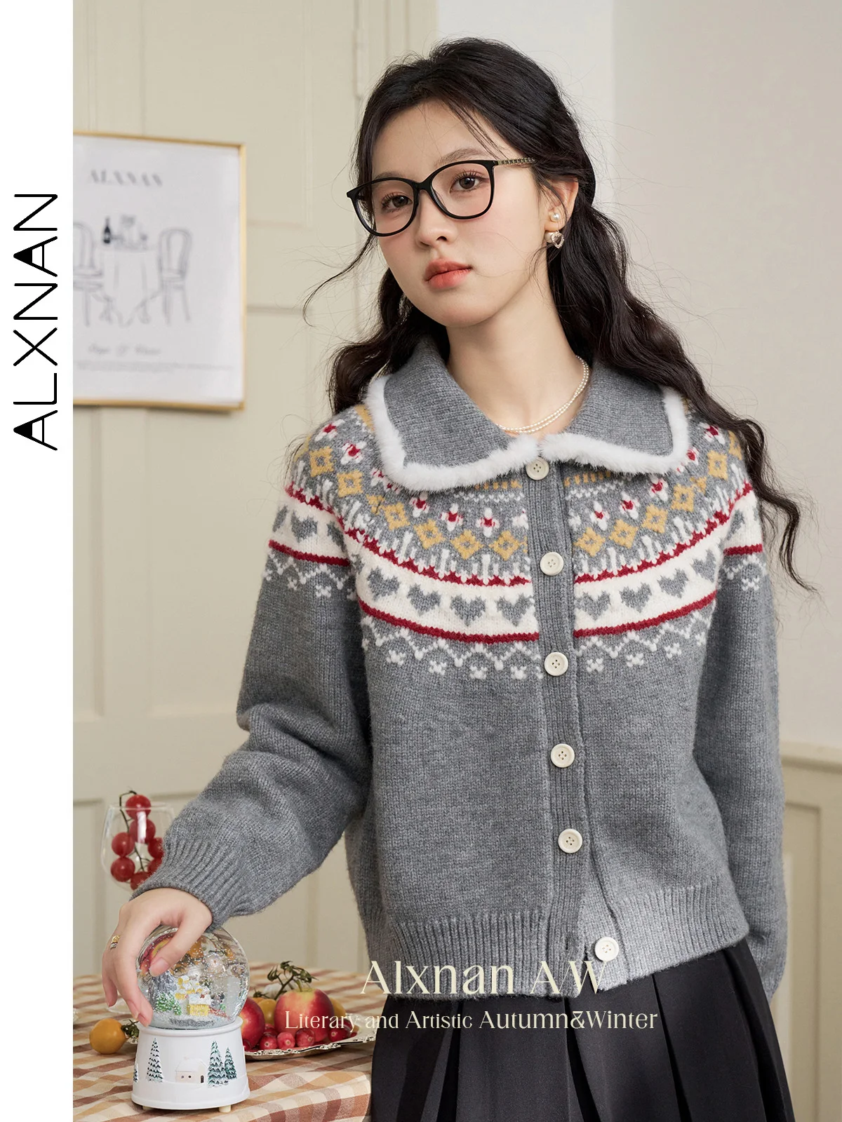 ALXNAN Women's Patchwork Cardigans Sweet Lapel Collar Geometric Raglan Sleeve Single Breasted Warm Sweaters Autumn Winter L52132