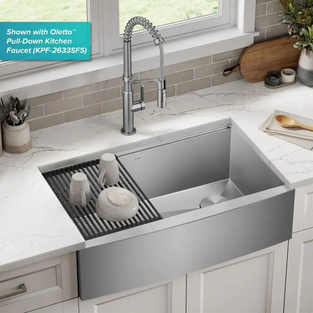 Kore 33-Inch Modern Farmhouse Workstation 16 Gauge Single Bowl Stainless Steel Kitchen Sink with Accessories, KWF410-33