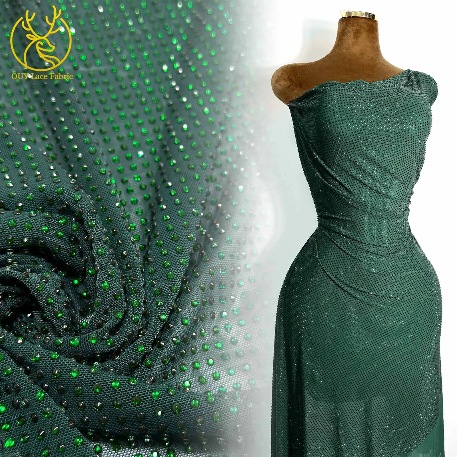 Luxurious Latest Crystal Water Diamond Head Fabric Elastic Fabric High-End Green Sparkling Embellished Party Evening Gown Sewing