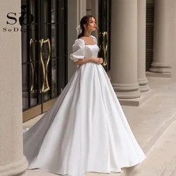 SoDigne 2023 Modern Boho Wedding Dresses Satin Short Sleeves Bow Square Collar Appliques Bride Dress Customized Wedding Gowns