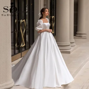 SoDigne 2023 โมเดิร์นBohoชุดแต่งงานซาตินแขนสั้นโบว์สแควร์Appliquesชุดเจ้าสาวที่กําหนดเองGownsแต่งงาน